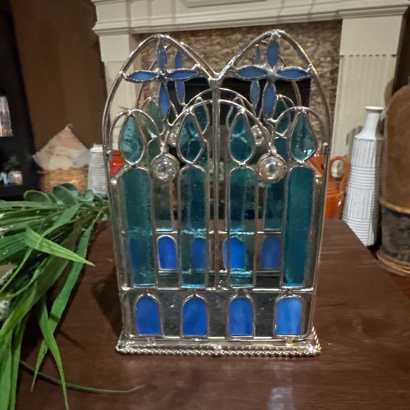 Handmade Artisan Cut-Stained Glass Art Noveau Candle Holder w/blue glass Crosses - Picture 3 of 8